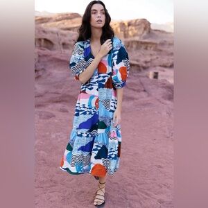 Oliphant White Pacifica Puff Sleeve Button Midi Dress